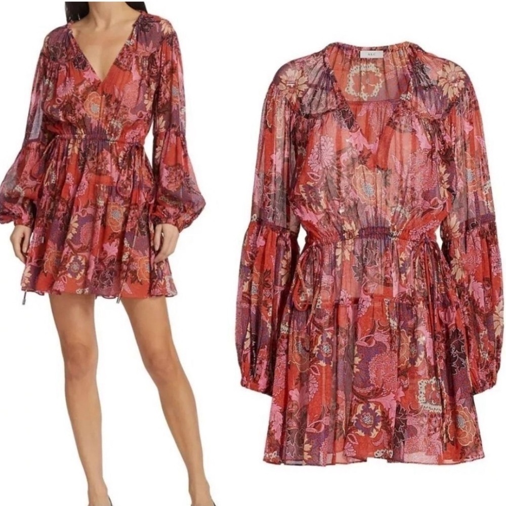 A.L.C. Red Mix Floral V-Neck Long Sleeve Mini Dress size 8